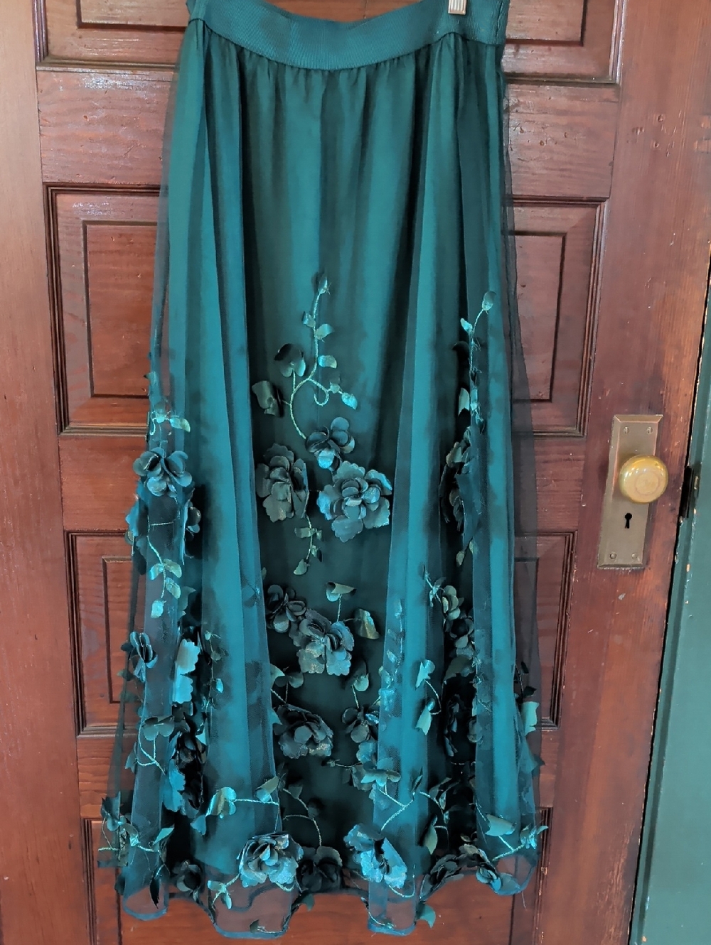 By Anthropologie Floral Appliqué Skirt Deep Green Tulle Maxi Whimsical M - Picture 2 of 9